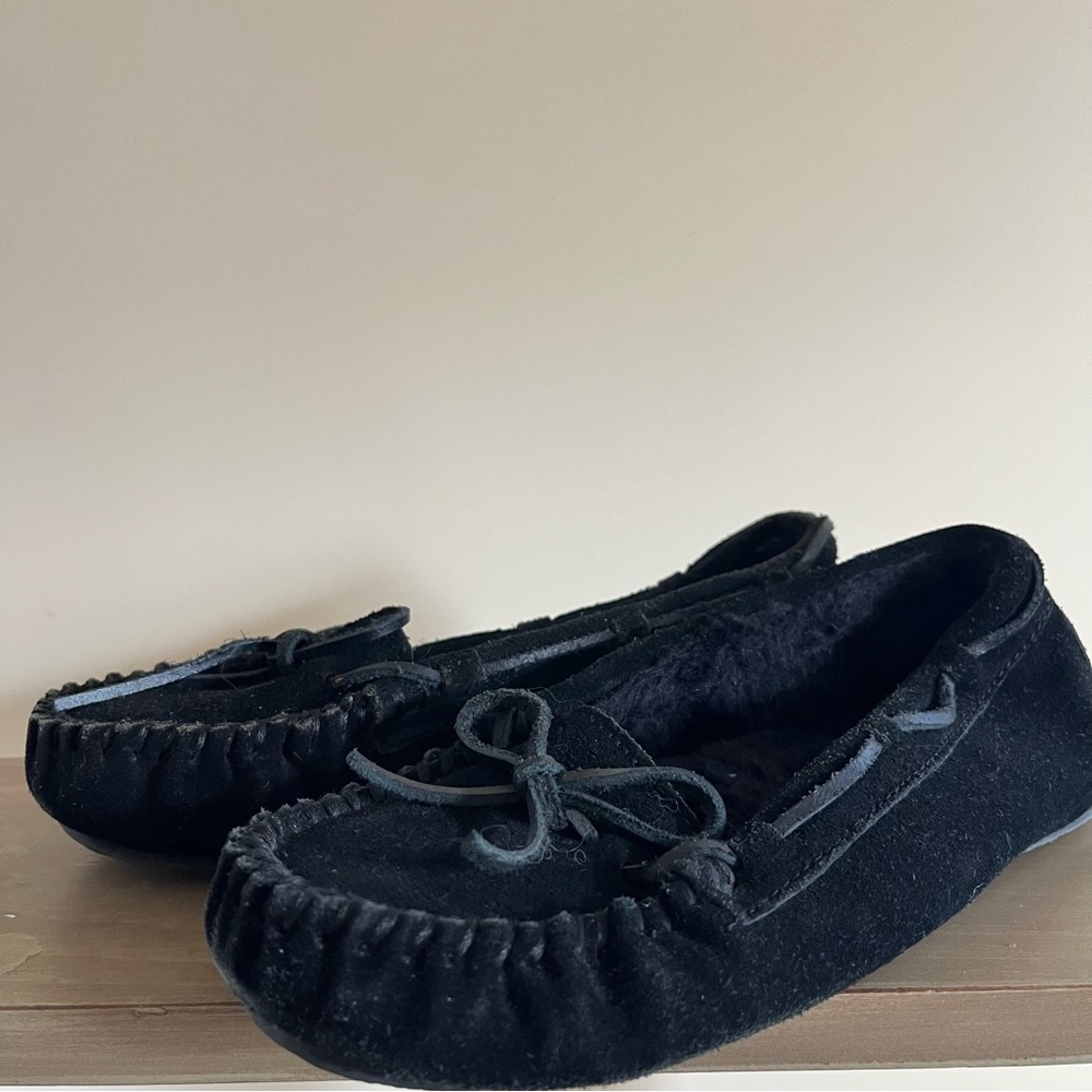 Black Suede Moccasin Slippers with faux shearling